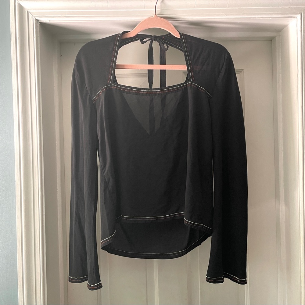 Madewell Black Silk Stitched V-Neck Tie Open Back Long Bell Sleeve Top Size M - Picture 4 of 14